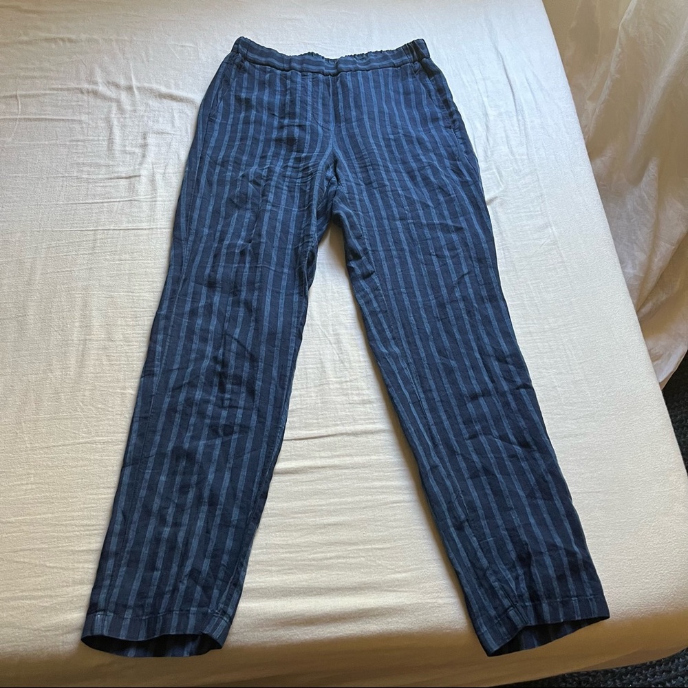 DIEGA blue striped linen straight slim leg elastic waist pants